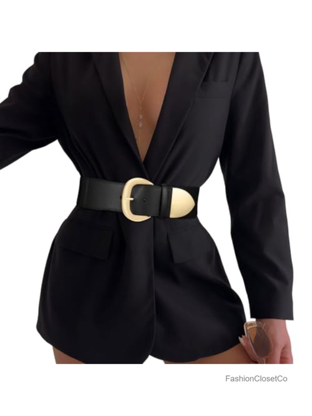 Women's Wide Elastic Waist Belt with Gold Buckle Stretchy Dress Belt